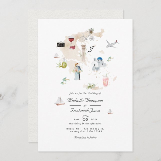 Map of Greece QR Code RSVP Destination Wedding Invitation (Front/Back)