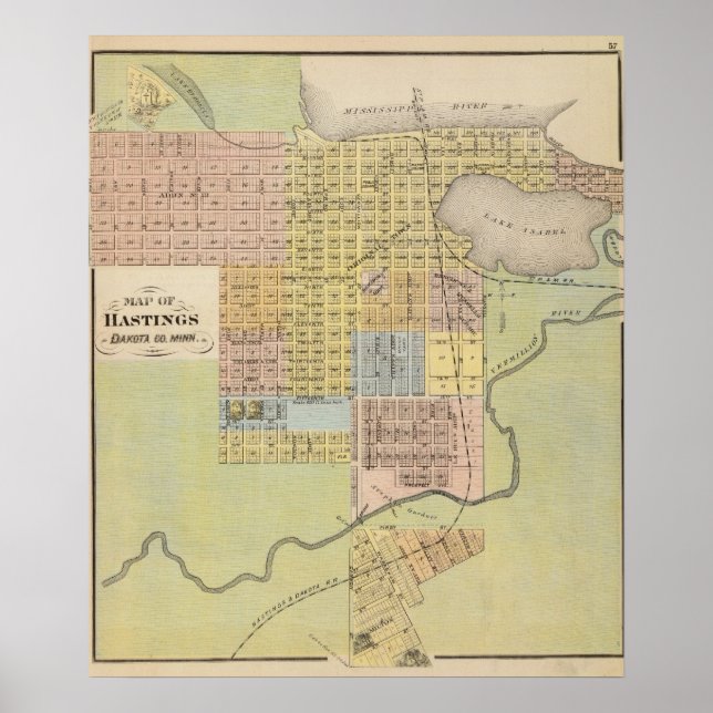 Map of Hastings, Dakota County, Minnesota Poster (Front)