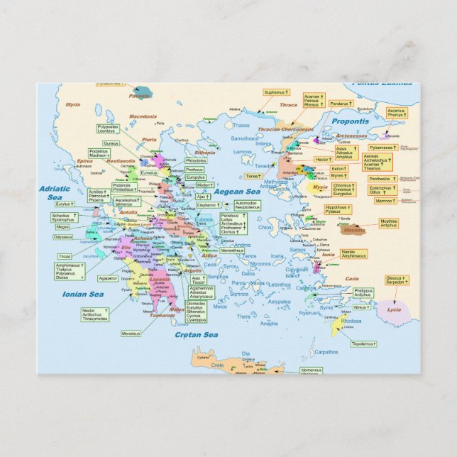 Map of Homeric Era Greece with English labels Postcard (Front)
