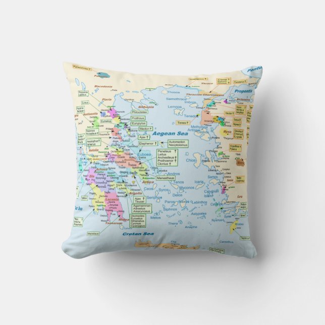 Map of Homeric Era Greece with English labels Throw Pillow (Front)