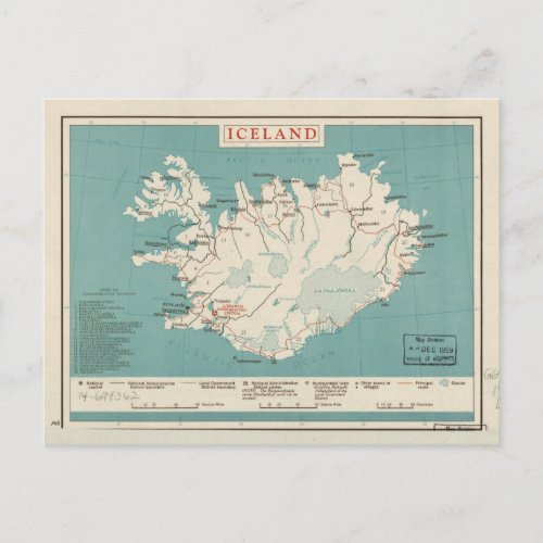 Map of Iceland circa 1959 Postcard