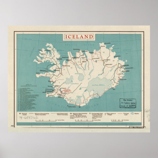 Map of Iceland (circa 1959) Poster (Front)