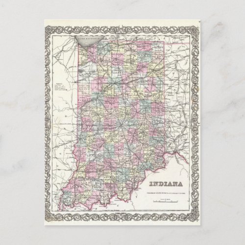 Map of Indiana Joseph Hutchins Colton Postcard