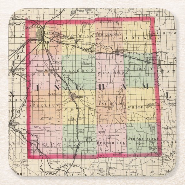 Map of Ingham County, Michigan Square Paper Coaster (Front)