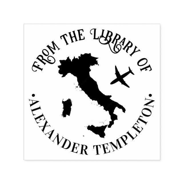 Map of Italy with Plane Round Library Book Name Self-inking Stamp (Design)