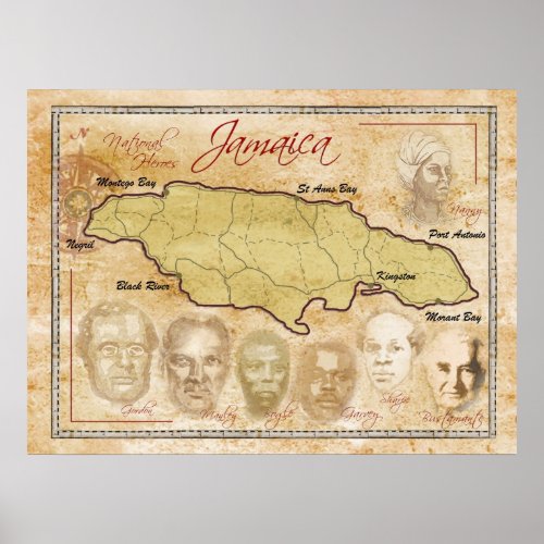 Map of Jamaica with National Heroes Poster