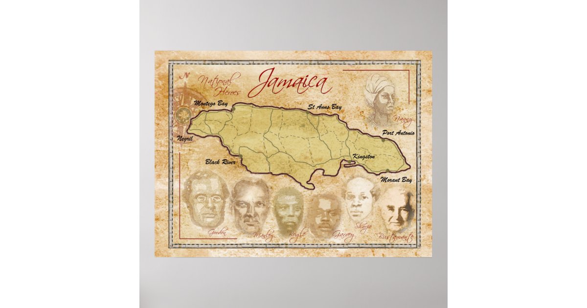 Map of Jamaica with National Heroes Poster | Zazzle.com