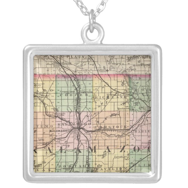 Map of Kalamazoo County, Michigan Silver Plated Necklace (Front)