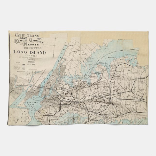 Map of Kings, Queens, Long Island Kitchen Towel (Horizontal)