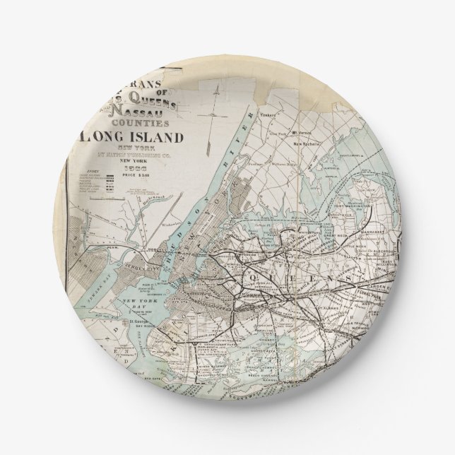 Map of Kings, Queens, Long Island Paper Plates (Front)