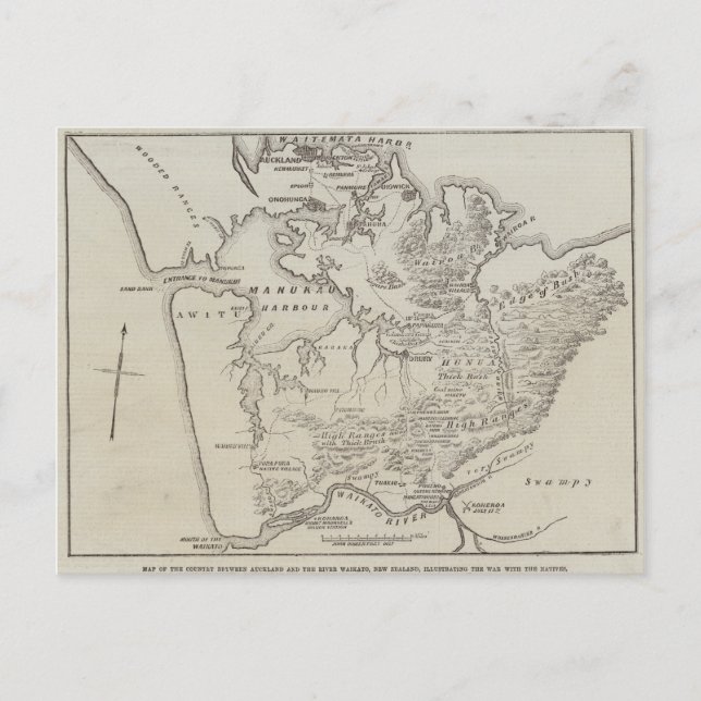 Map of land between Auckland & Waikato River Postcard (Front)