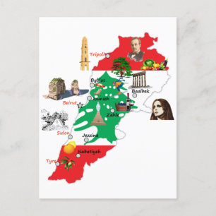 Map of Lebanon, major cities names Lebanese Postcard