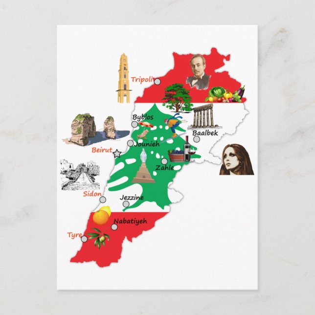 Map of Lebanon, major cities names Lebanese  Postcard (Front)
