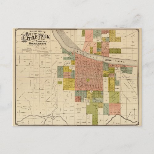 Map of Little Rock and Argenta Arkansas 1888 Postcard