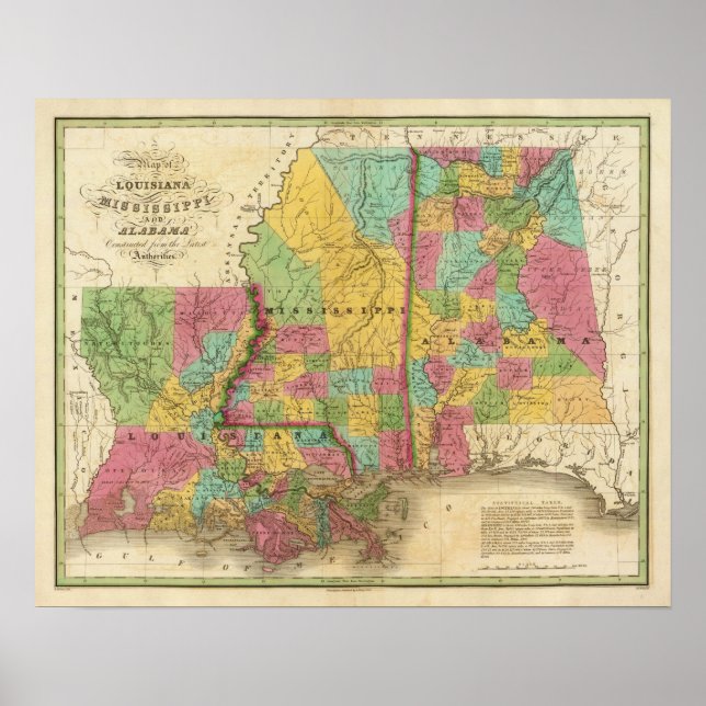 Map of Louisiana Mississippi And Alabama Poster (Front)