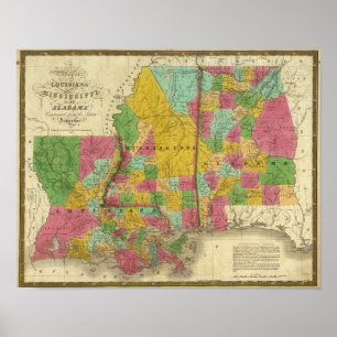 Map of Louisiana, Mississippi and Alabama Poster
