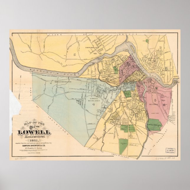 Map of Lowell, Massachusets (1881) Poster (Front)
