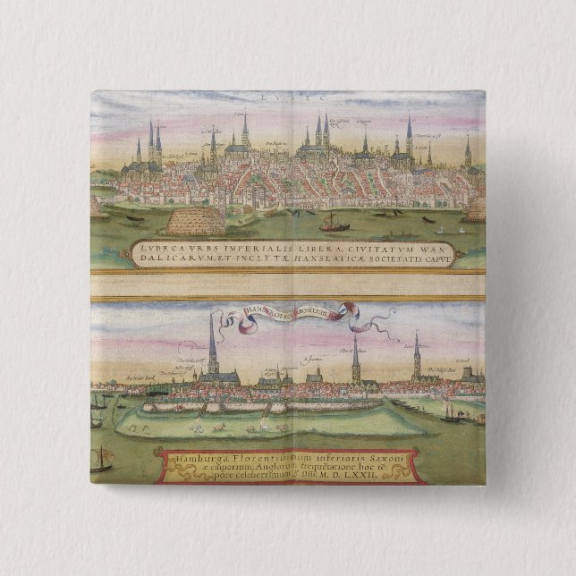 Map of Lubeck and Hamburg, from 'Civitates Orbis T Button (Front)