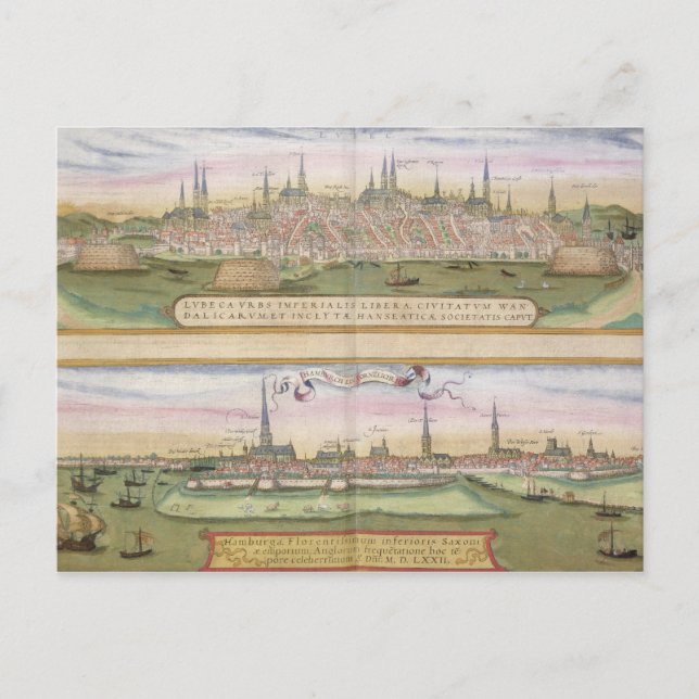 Map of Lubeck and Hamburg, from 'Civitates Orbis T Postcard (Front)