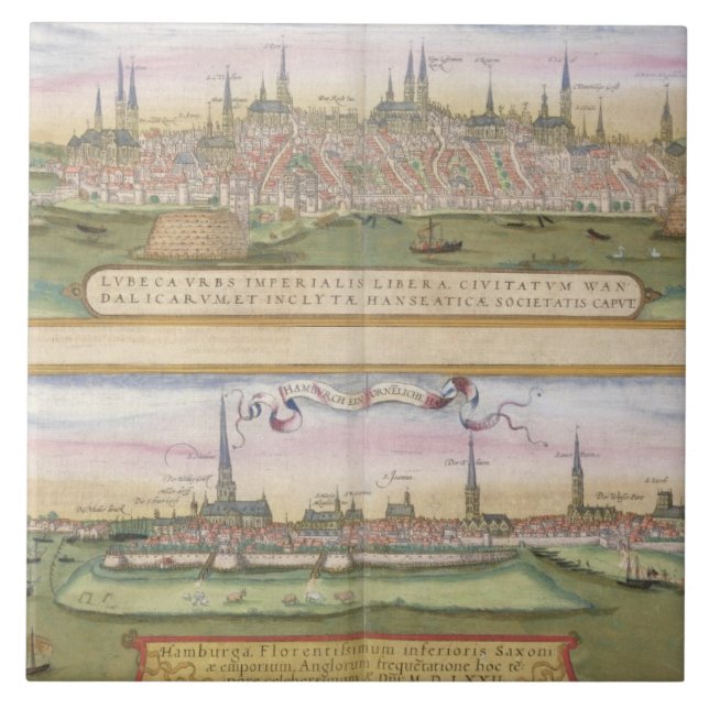 Map of Lubeck and Hamburg, from 'Civitates Orbis T Tile (Front)