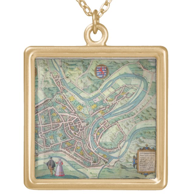 Map of Luxembourg, from 'Civitates Orbis Terrarum' Gold Plated Necklace (Front)