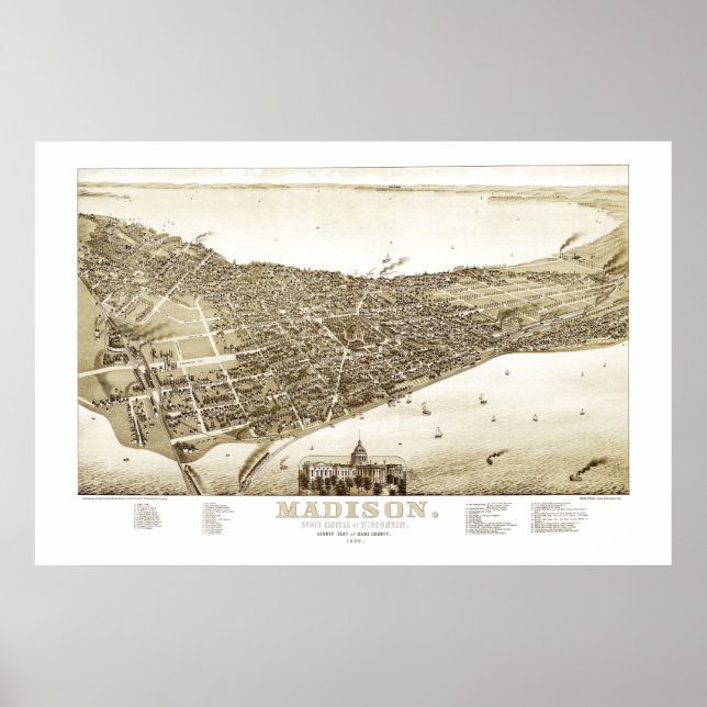 Map of Madison, Wisconsin from 1885 Poster (Front)