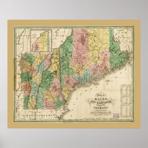 Map of Maine New Hampshire and Vermont 1826 Poster