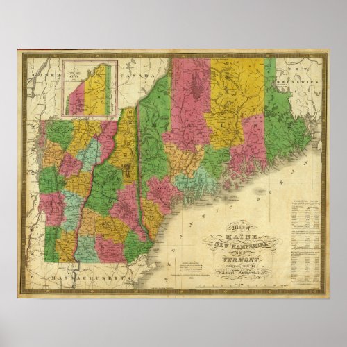 Map of Maine New Hampshire and Vermont Poster