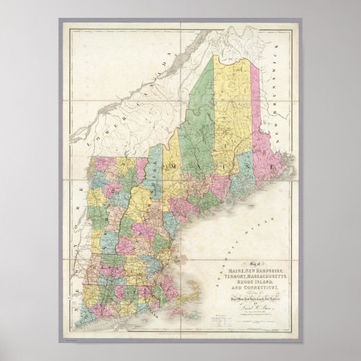 Map of Maine, New Hampshire, Vermont Poster