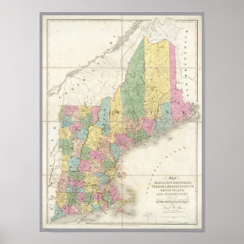 Map of Maine New Hampshire Vermont Poster