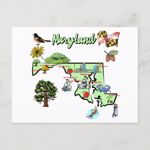  map of Maryland state USA major cities Postcard