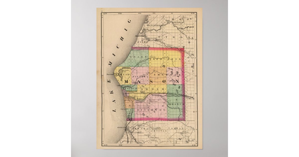 Map of Mason County, Michigan Poster Zazzle