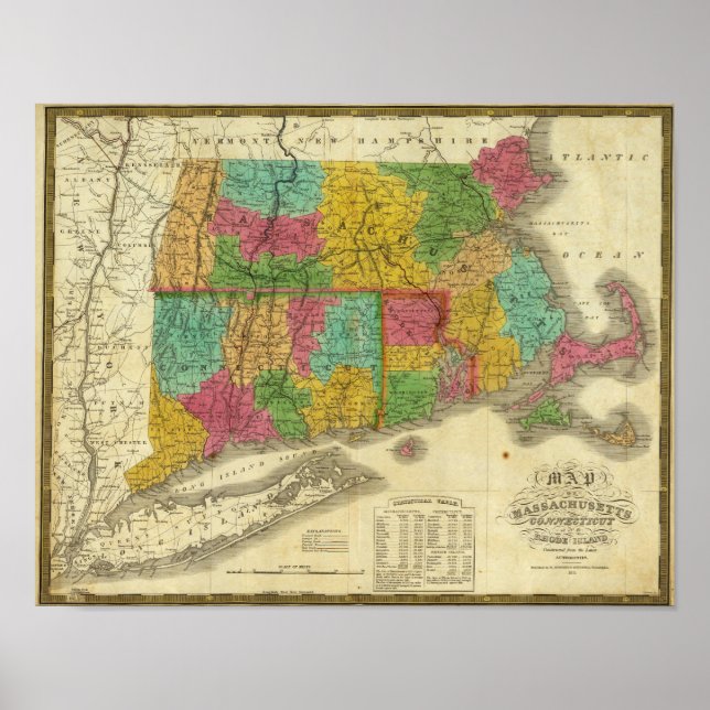 Map of Massachusetts and Connecticut Poster (Front)