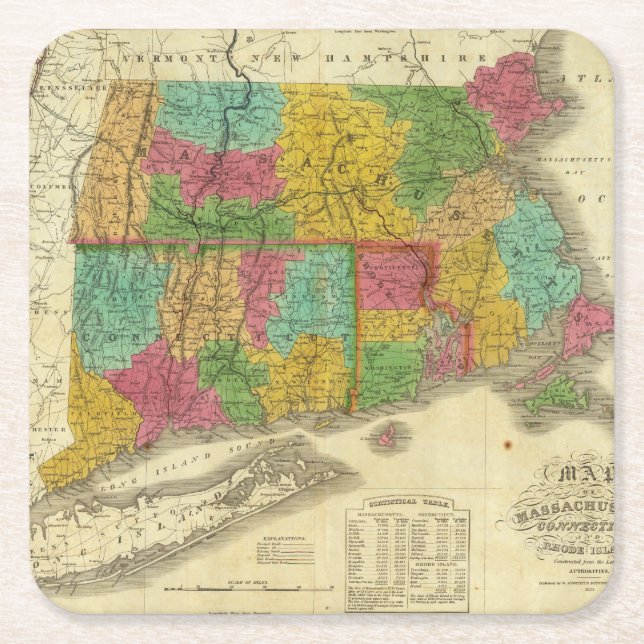 Map of Massachusetts and Connecticut Square Paper Coaster (Front)