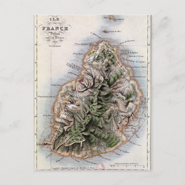 Map of Mauritius, illustration 'Paul et Virginie' Postcard (Front)
