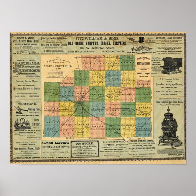 Map of McLean County, Illinois 1886 Poster (Front)
