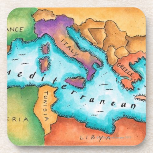 Map of Mediterranean Sea Beverage Coaster