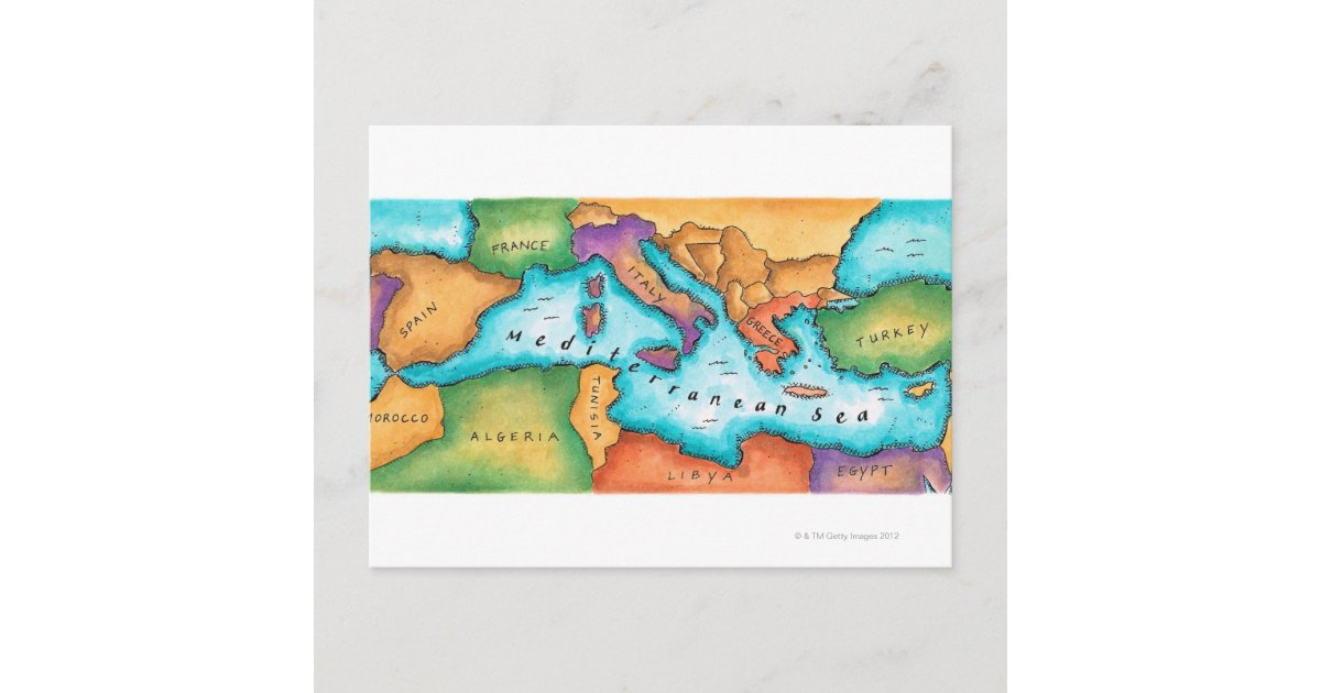 Map of the Mediterranean Sea with Italy, France, Algeria, Egypt
