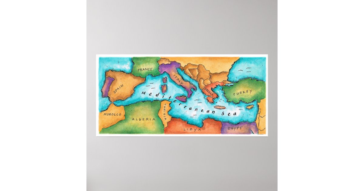 Map of the Mediterranean Sea with Italy, France, Algeria, Egypt