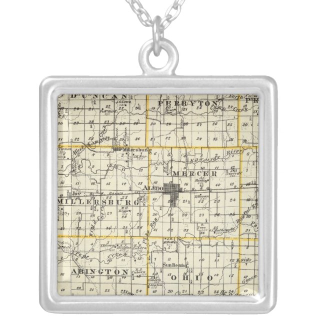 Map of Mercer County, Rock Island and Plano Silver Plated Necklace (Front)