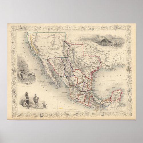 Map of Mexico California and Texas Poster