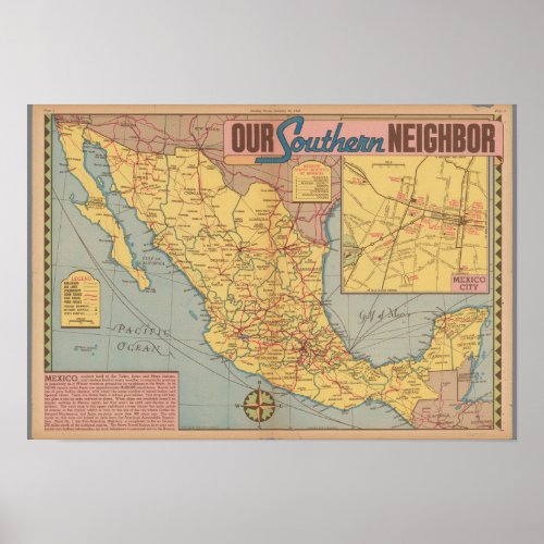 Map of Mexico _ Our Southern Neighbor Poster