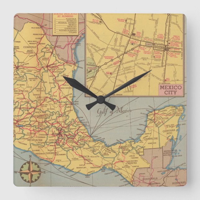Map of Mexico - "Our Southern Neighbor" Square Wall Clock (Front)