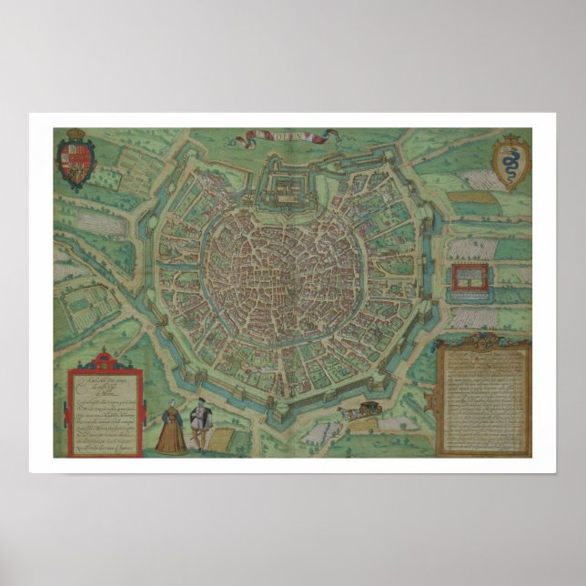 Map of Milan, from 'Civitates Orbis Terrarum' by G Poster (Front)