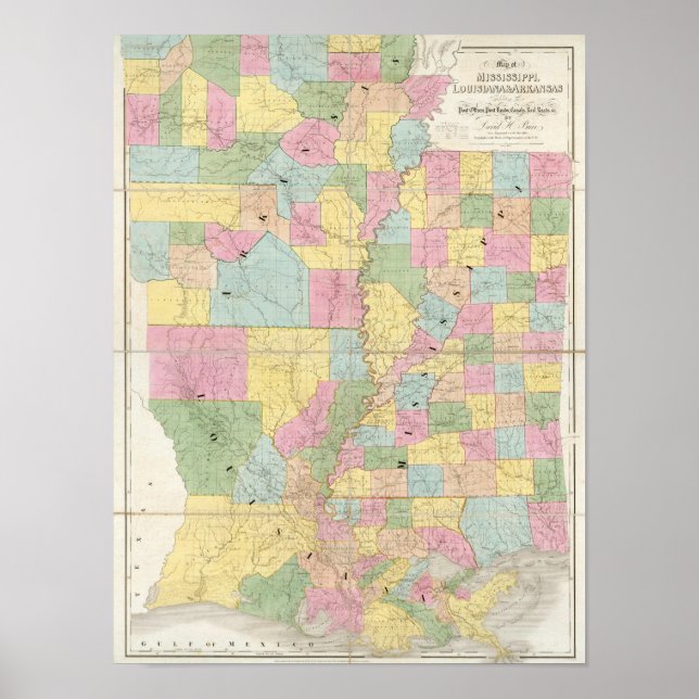 Map of Mississippi, Louisiana & Arkansas Poster (Front)