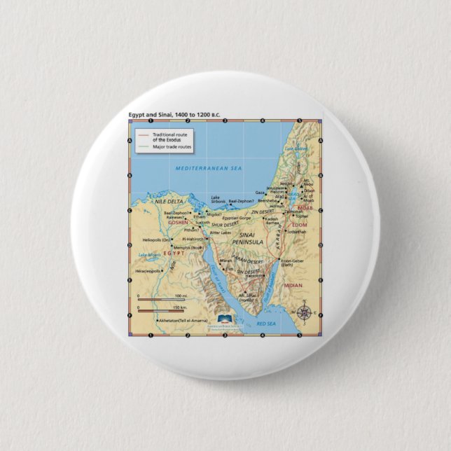Map of Moses Exodus Egypt and Sinai 1400 to 1200 B Button (Front)