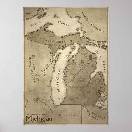 Map of Mythological Land of Michigan Poster