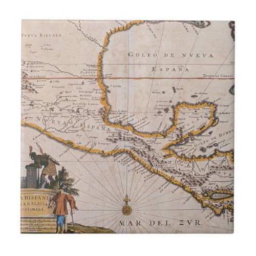 Map of New Spain New Galicia  Guatemala 1625 Ceramic Tile