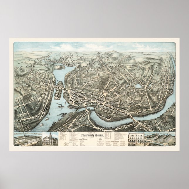 Map of Norwich, CT from 1876 Poster (Front)