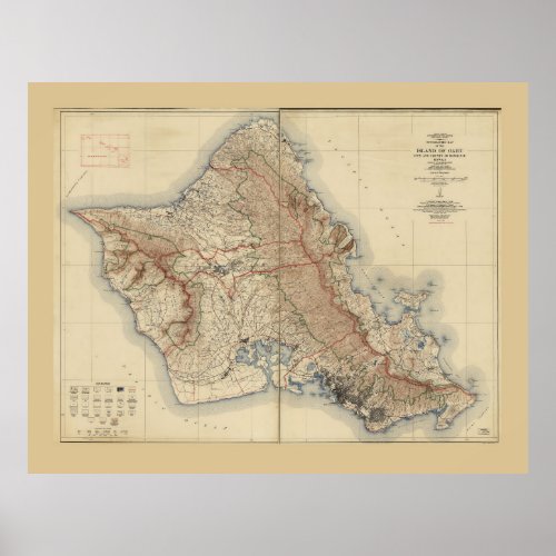 Map of Oahu Hawaii 1938 Poster